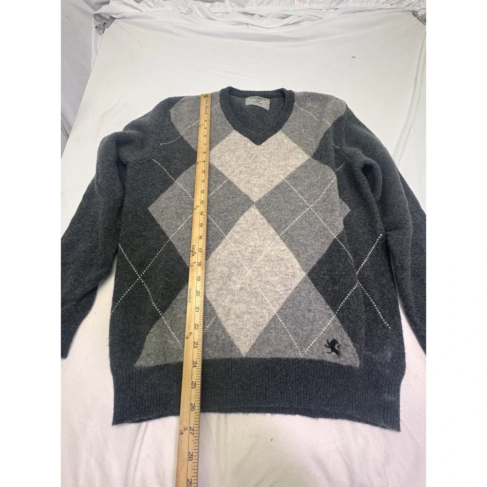 Express Sweater Mens L Gray Argyle 100% Lambs Wool V-Neck‎ Long Sleeve Soft Logo